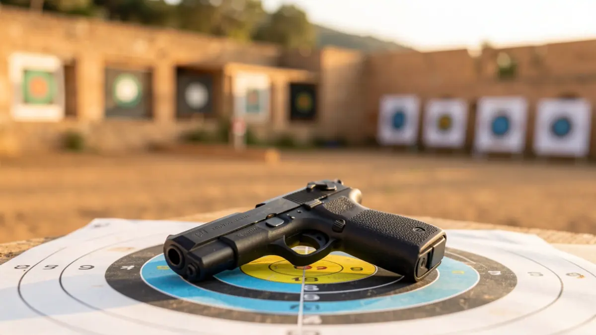 9mm pistol on a shooting target in a sports shooting range.