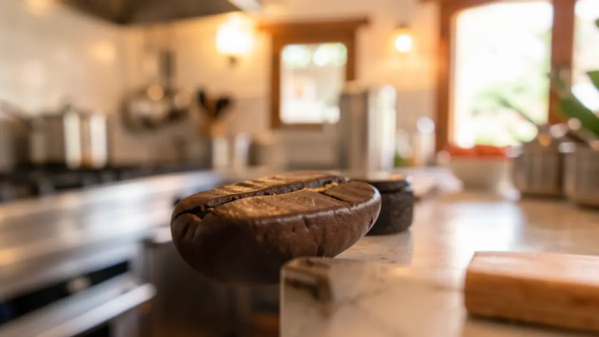 Close-up of a coffee bean with a blurred background of a professional kitchen in the Canary Islands.