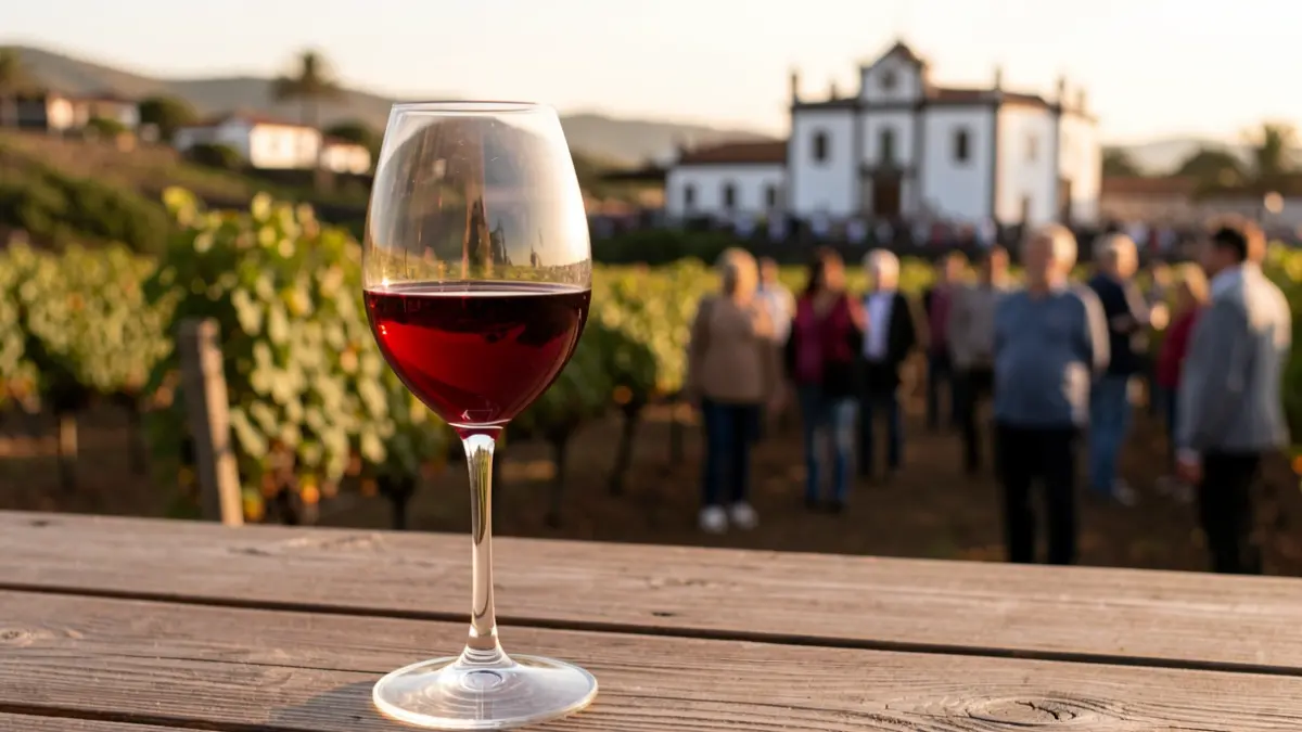 Imagen genérica de una copa de vino tinto sobre una mesa de madera, con un viñedo desenfocado al fondo y arquitectura canaria.
