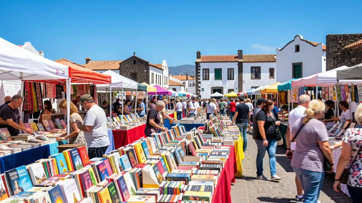 Imagen genérica de una feria del libro al aire libre en Fuerteventura con puestos y gente.