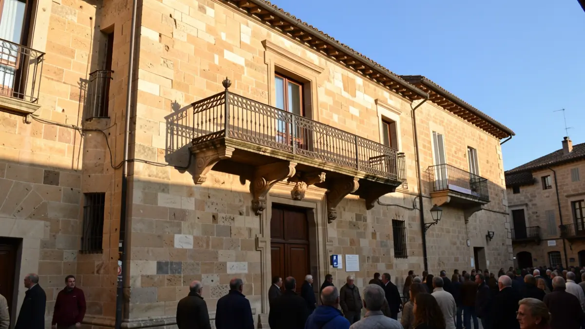 Generic image of a stone town hall facade with an ornate balcony and iron railings, in the afternoon sunlight.