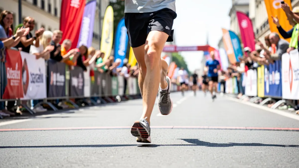 Generic image of runner's feet crossing a finish line on a road, with blurred spectators and colorful banners in the background.