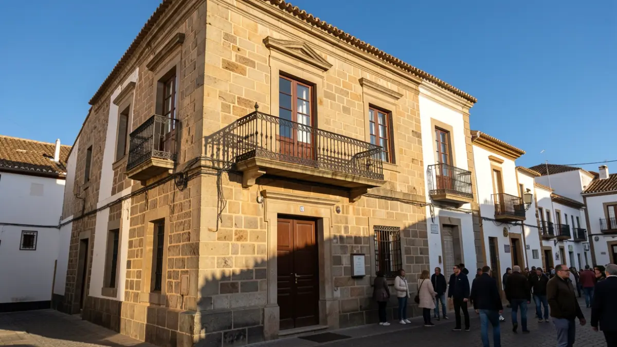 Fachada del Ayuntamiento de Los Silos, Canarias, con balcón de hierro y luz de tarde.
