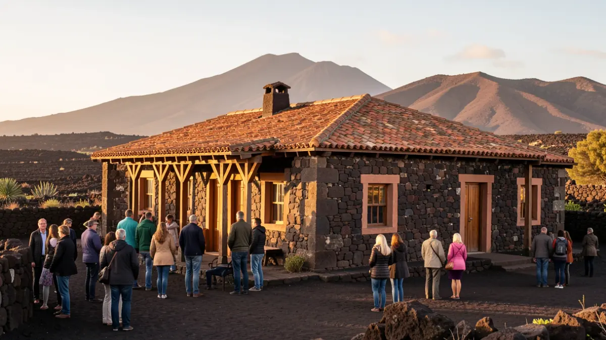 Facade of the Tacoronte Agricultural Training School with volcanic landscape in the background.