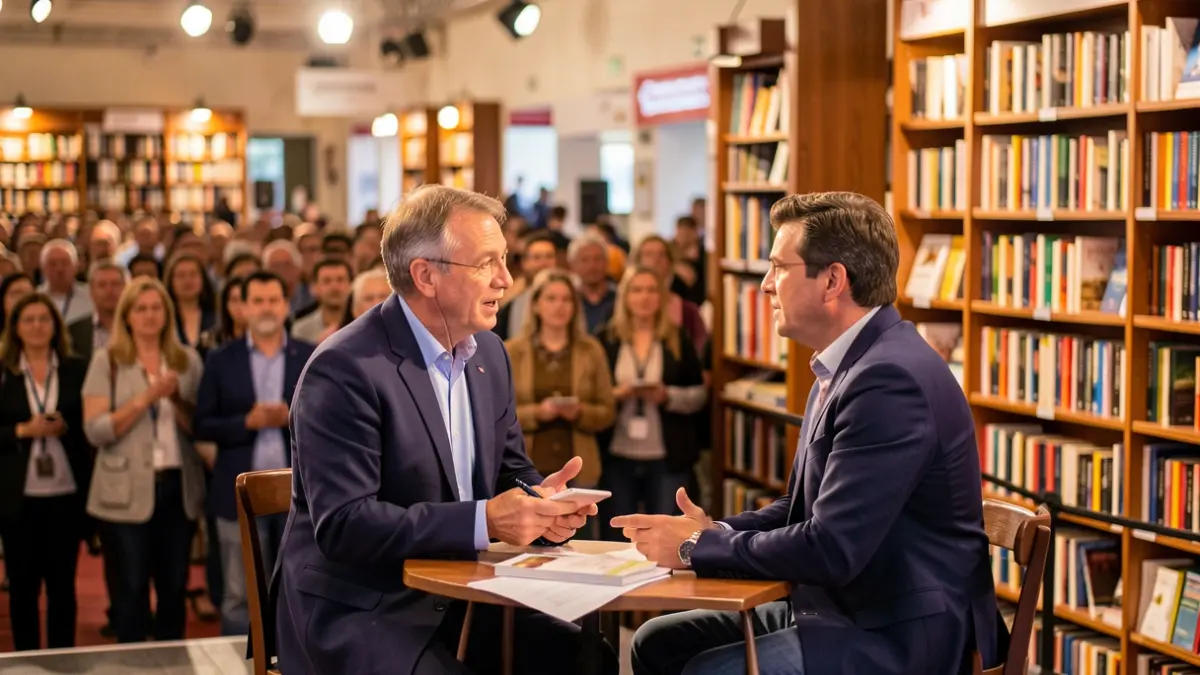 Image of a journalist and a writer in conversation at the Fuerteventura Book Fair.