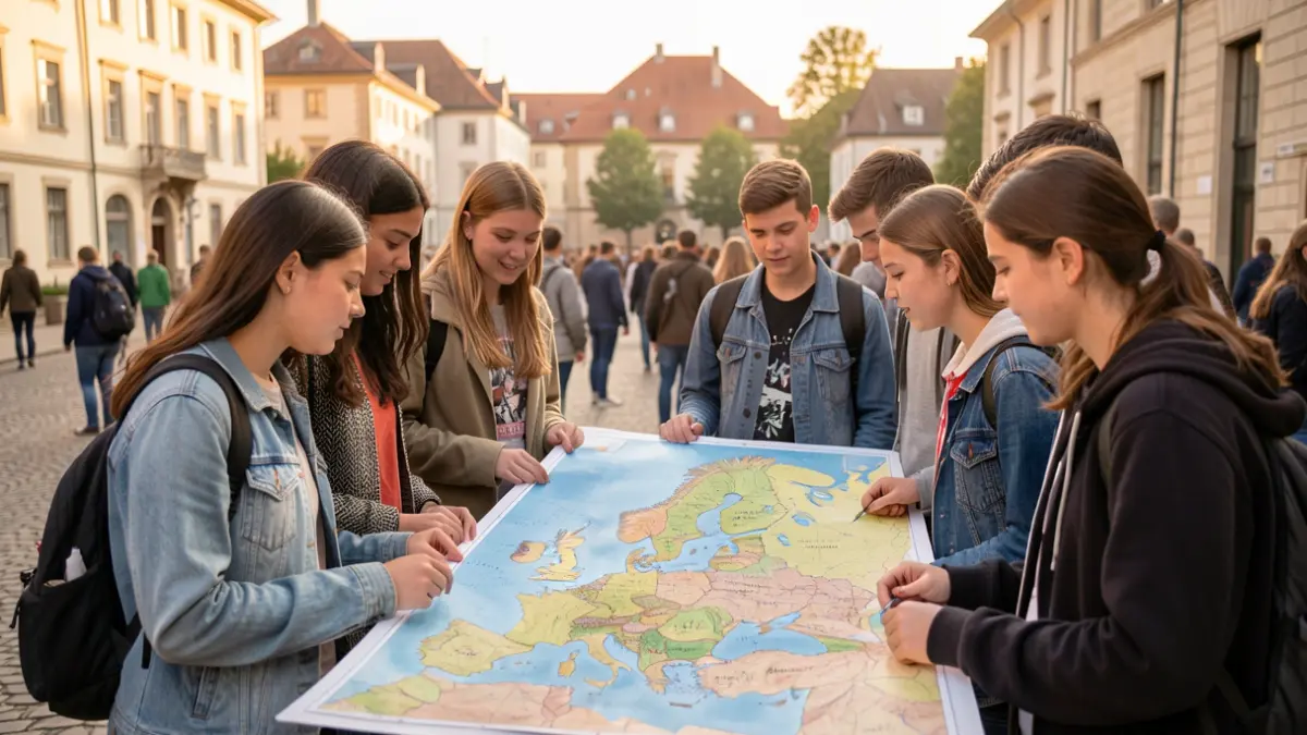 Imagen genérica de un grupo de estudiantes diversos mirando un mapa de Europa con edificios universitarios al fondo.
