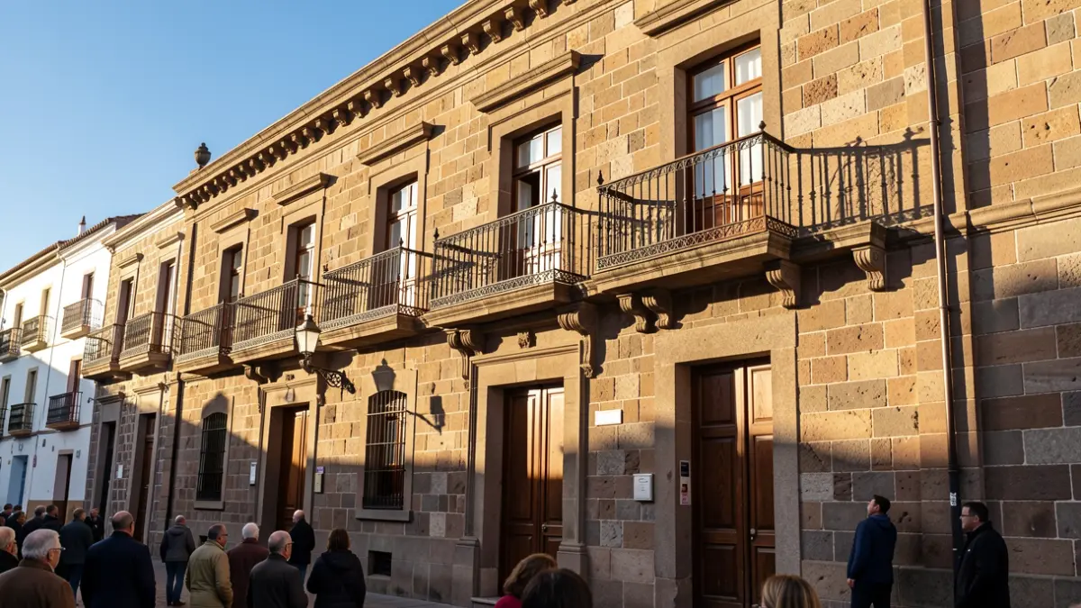Imagen genérica de la fachada de un ayuntamiento de piedra con balcones y barandillas de hierro, bajo la luz del sol de la tarde.