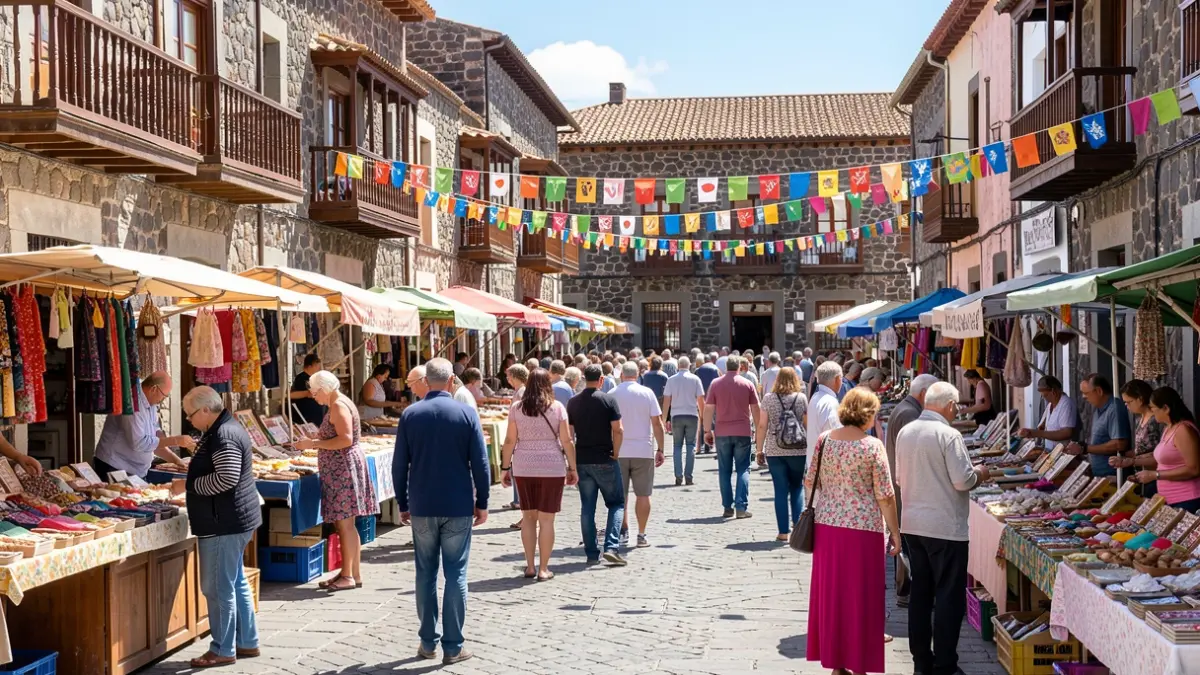 Imagen genérica de una feria comercial al aire libre en una plaza de Canarias con puestos y gente.
