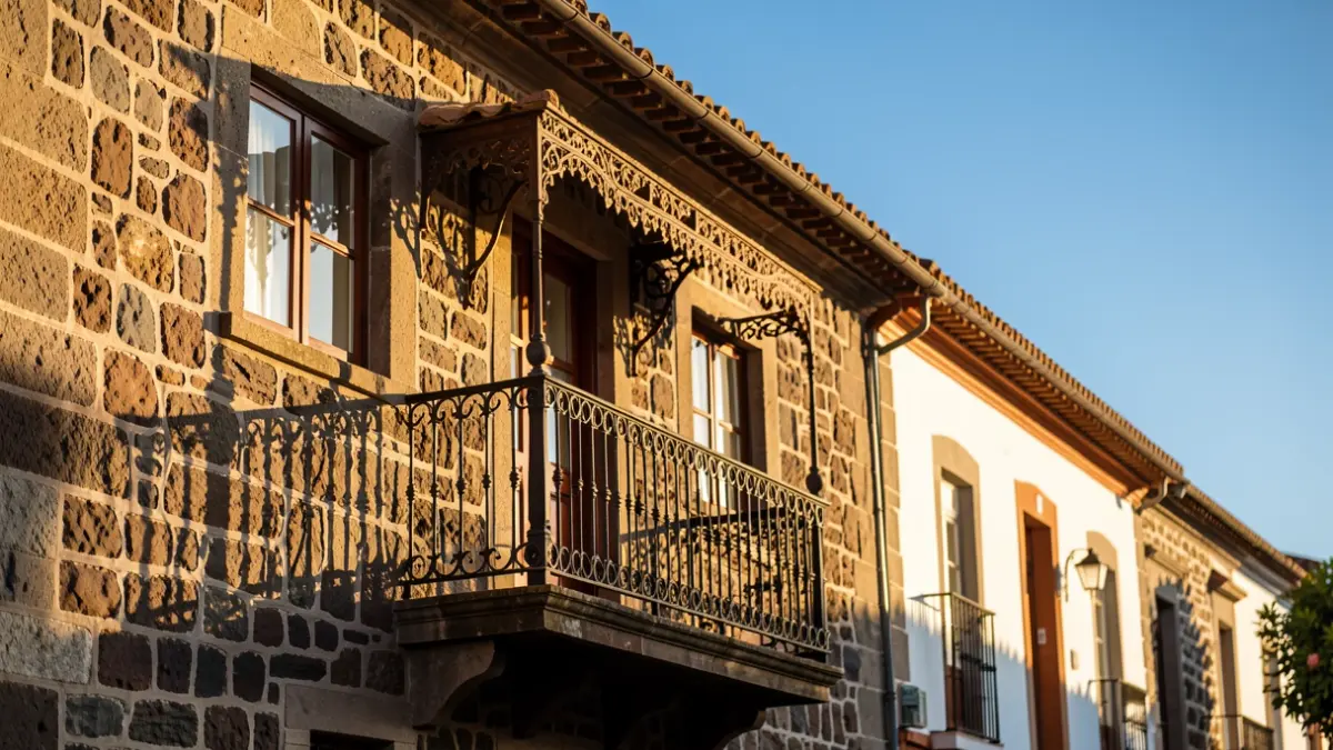 Facade of a traditional Canarian building with a balcony and iron railings, under the afternoon sunlight.