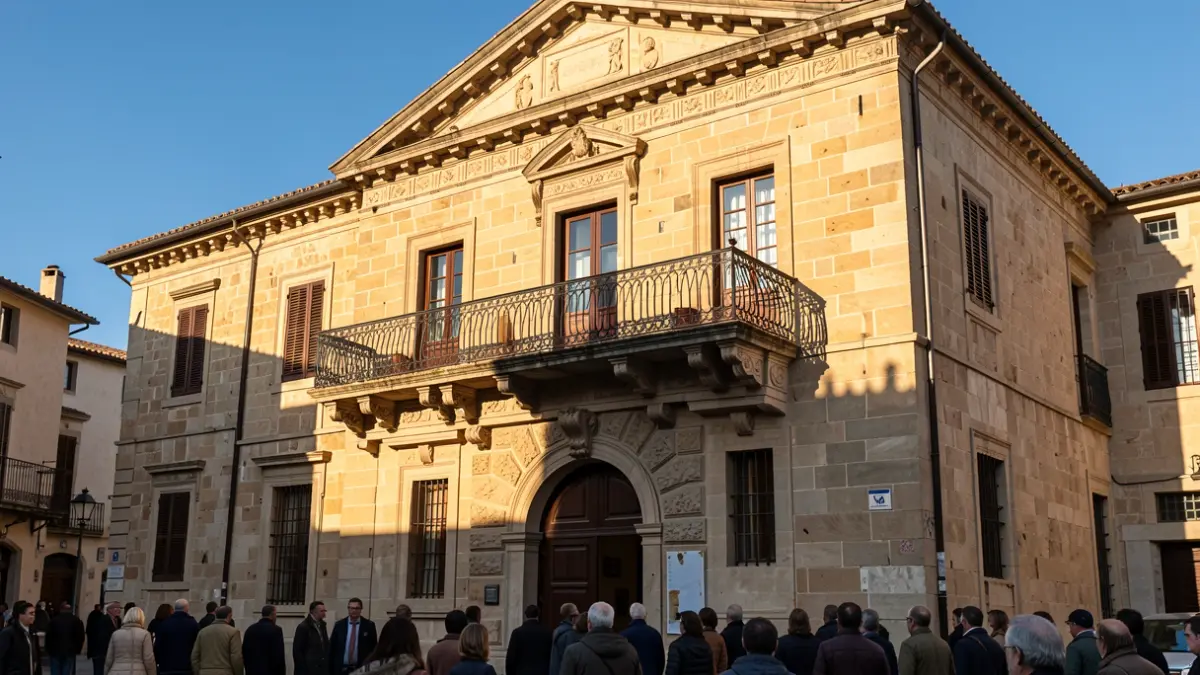 Imagen genérica de la fachada de un ayuntamiento con balcón y barandillas de hierro, luz de sol de la tarde, cielo azul.