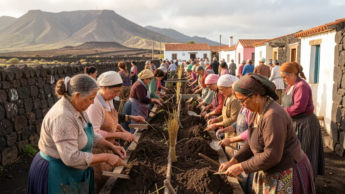 Generic image of women working in a rural Canarian setting, with volcanic landscapes and traditional architecture.
