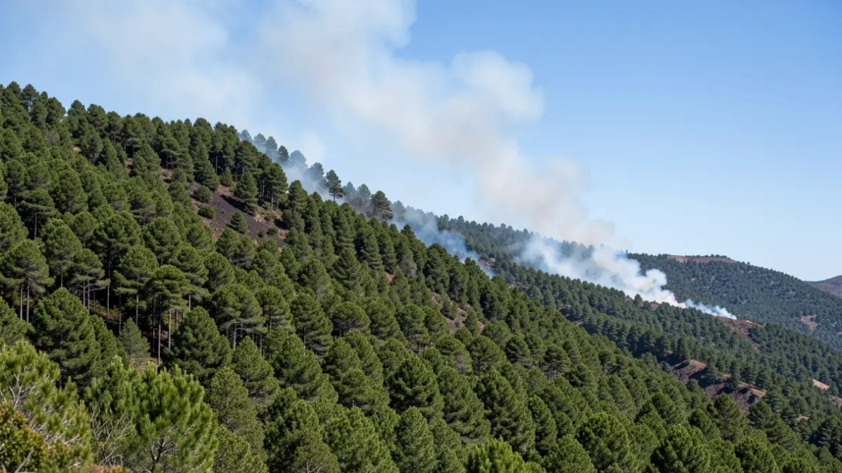 Controlled forest fire simulation with smoke on a volcanic hillside in La Gomera.