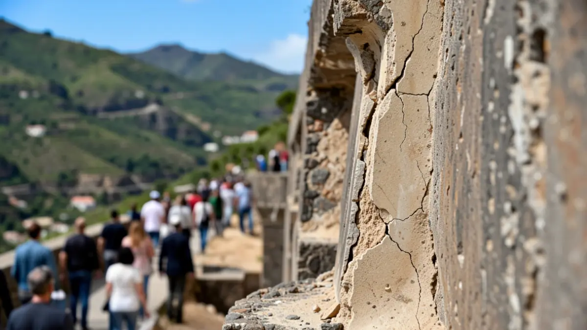 Generic image of a damaged dam with cracks and erosion in a valley in the Canary Islands.