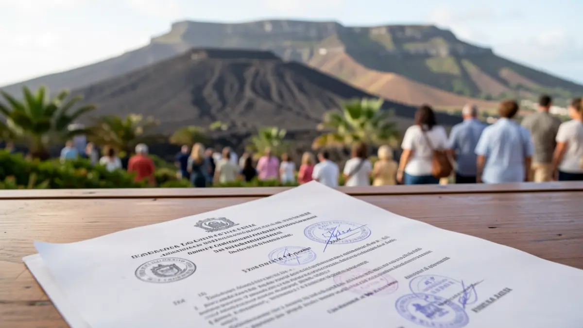 Imagen genérica de un documento legal con sellos oficiales sobre un escritorio, con un paisaje volcánico de Canarias desenfocado al fondo.