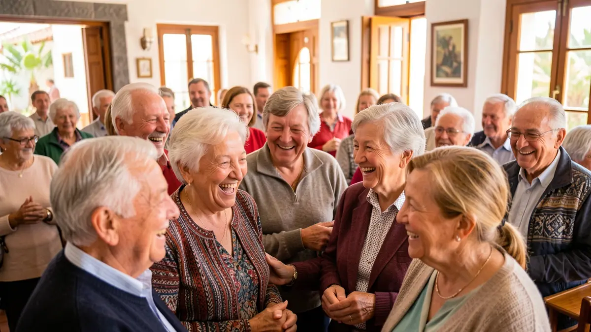 Elderly people smiling and participating in activities in a community center in La Guancha.
