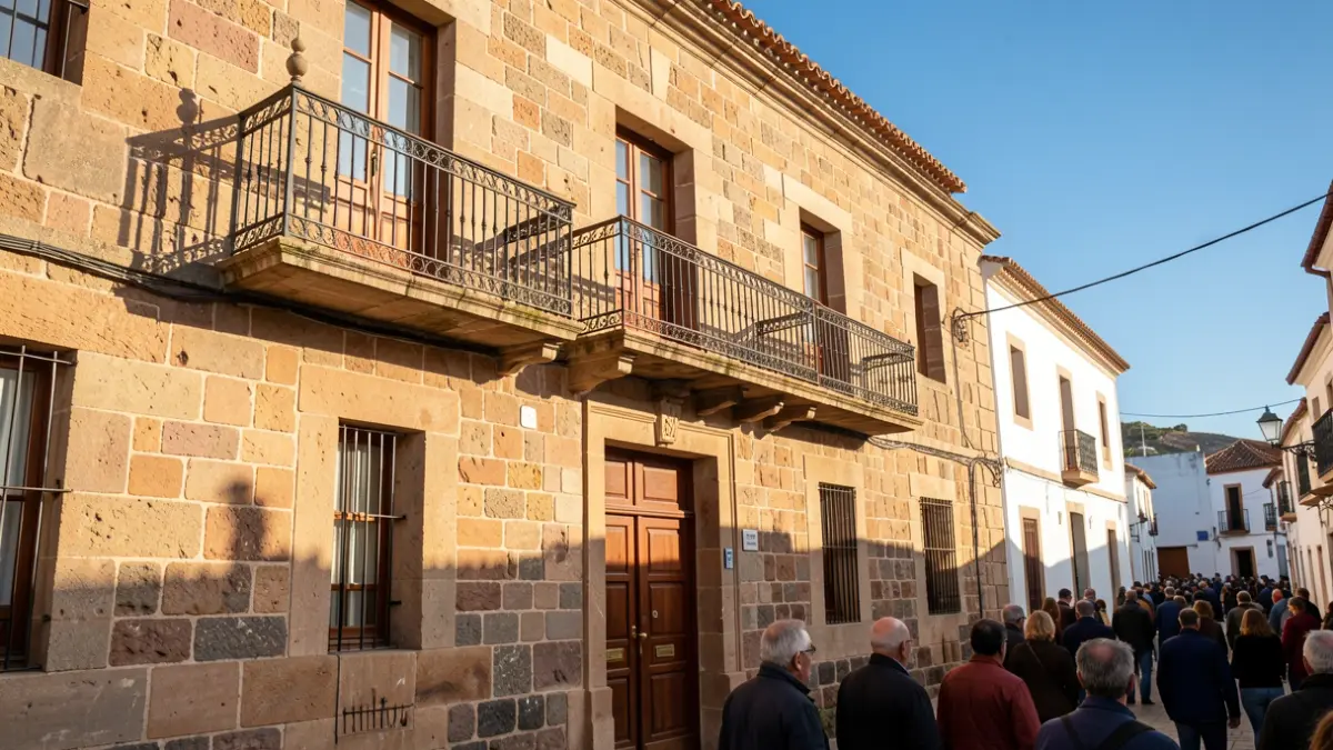 Facade of the La Guancha Town Hall with an iron balcony, under the afternoon sun.