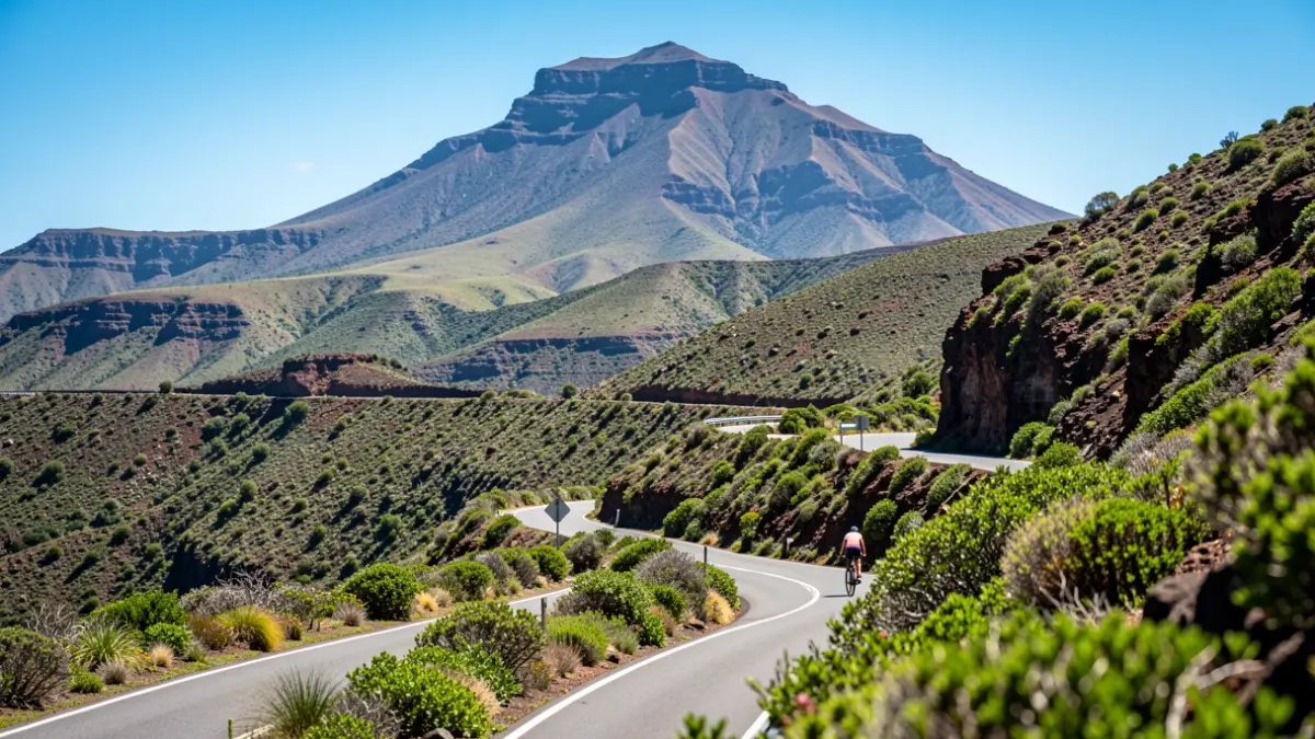 Paisaje montañoso del norte de Tenerife con una carretera para ciclismo.
