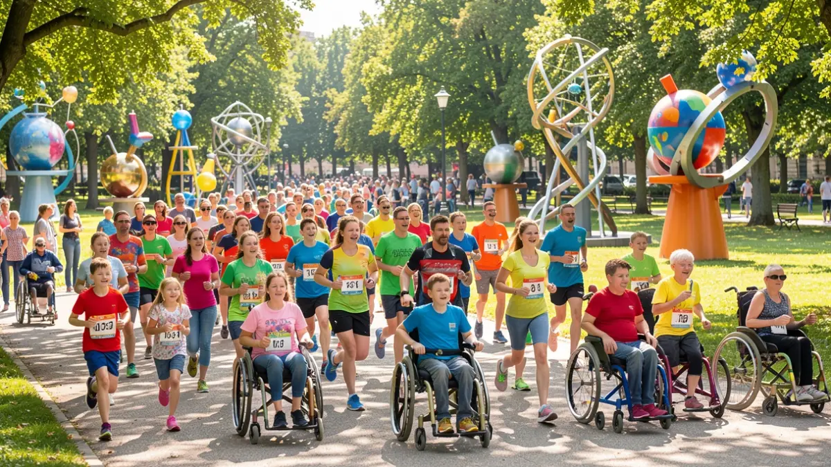Generic image of an inclusive color run in a park with science and technology elements.