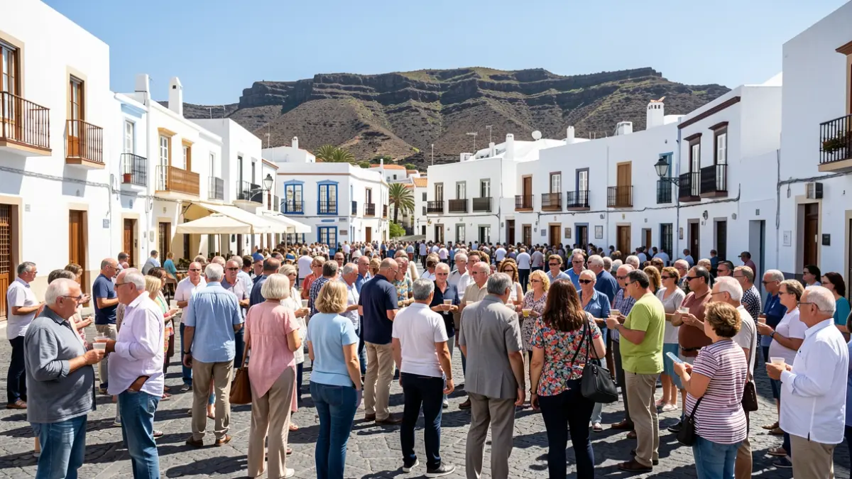 Generic image of a diverse group of people gathered in a sunny square with traditional Canarian architecture and volcanic landscape in the background.