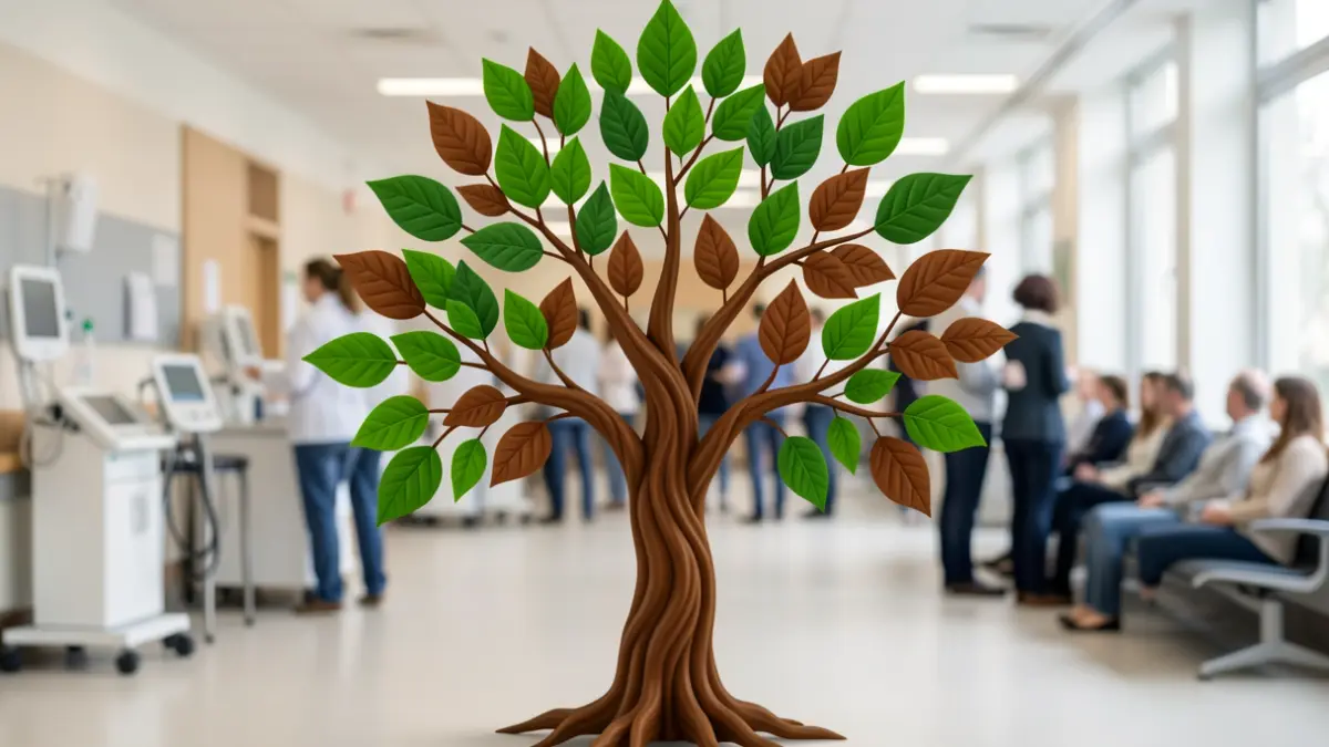 Imagen genérica de un árbol simbólico con hojas verdes y marrones, representando fortalezas y mejoras en un entorno hospitalario.