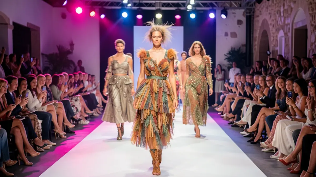 Imagen genérica de una pasarela de moda con modelos y público, luces vibrantes y un ambiente festivo.