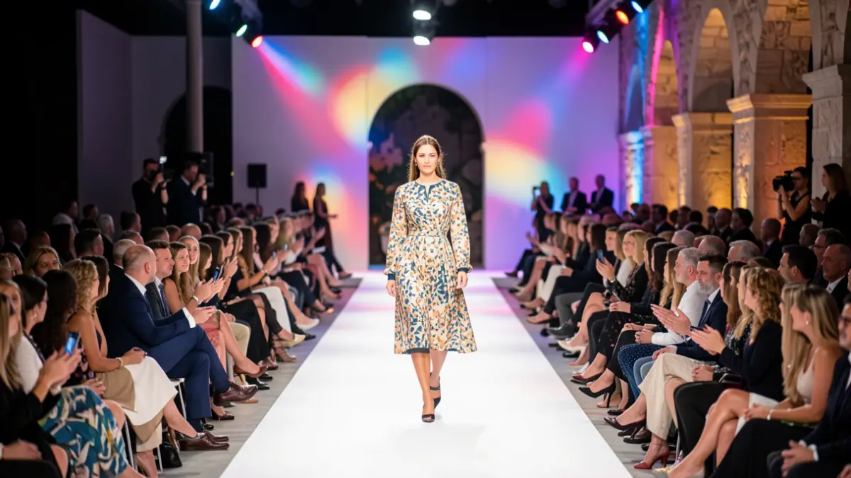 Imagen genérica de un desfile de moda en Canarias con luces vibrantes y público difuminado.