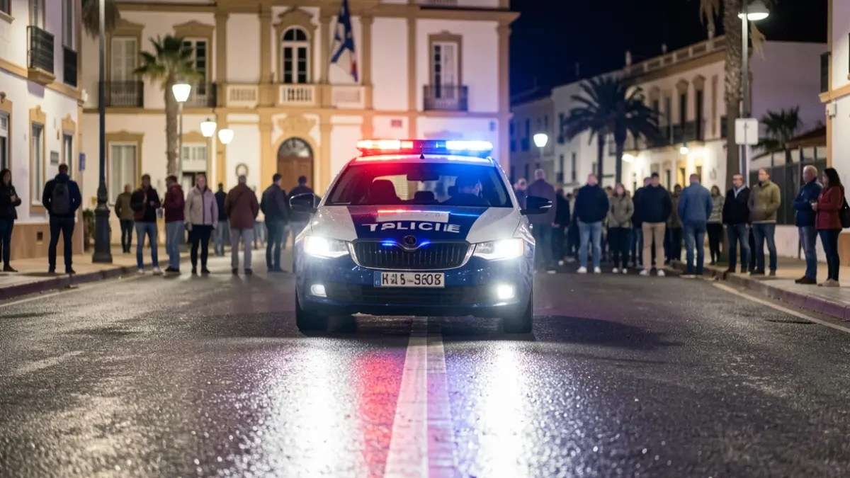 Imagen genérica de luces de policía reflejándose en asfalto mojado por la noche en Telde, con el ayuntamiento al fondo.