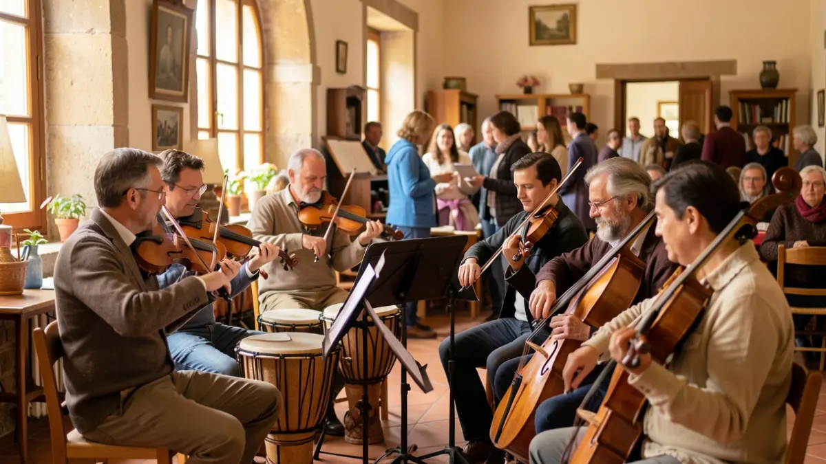 Generic image of musicians playing string and percussion instruments in a community center, with participants interacting in the background.