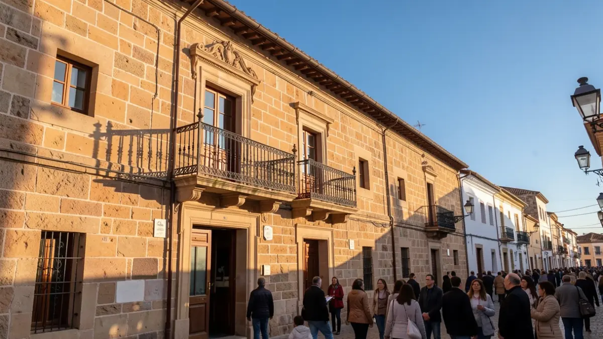 Generic image of the facade of an institutional building with traditional Canarian architecture under the afternoon sunlight.