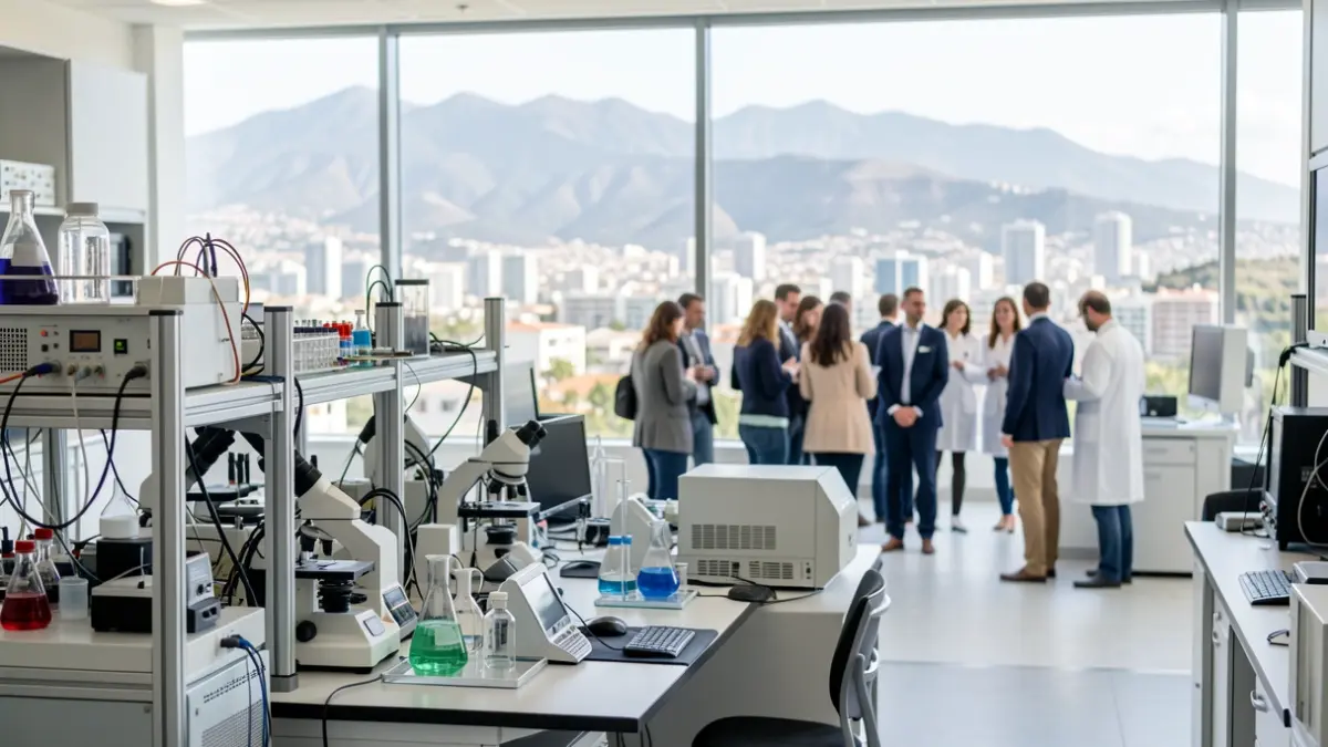 Imagen genérica de un laboratorio universitario moderno con equipo avanzado y un paisaje urbano de Canarias al fondo.