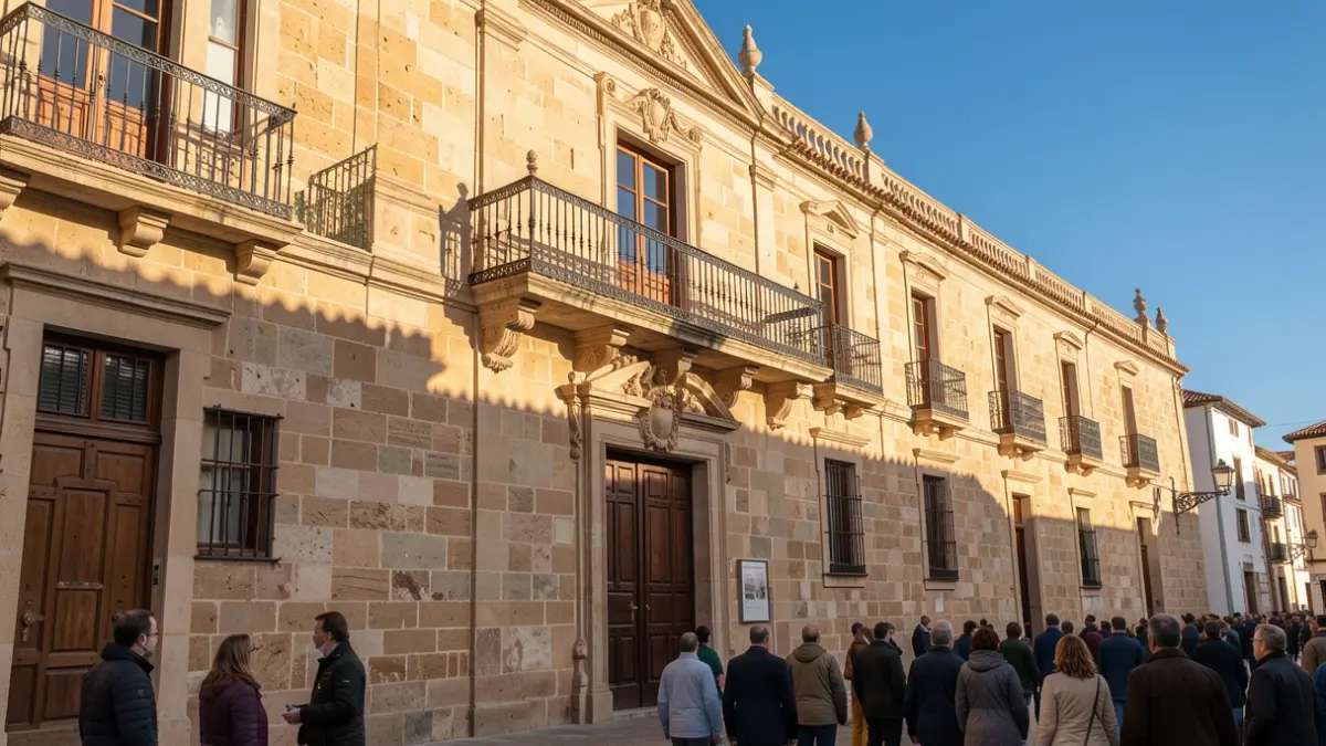 Imagen genérica de la fachada de un ayuntamiento canario con balcón y barandillas de hierro, luz cálida de la tarde y cielo azul.