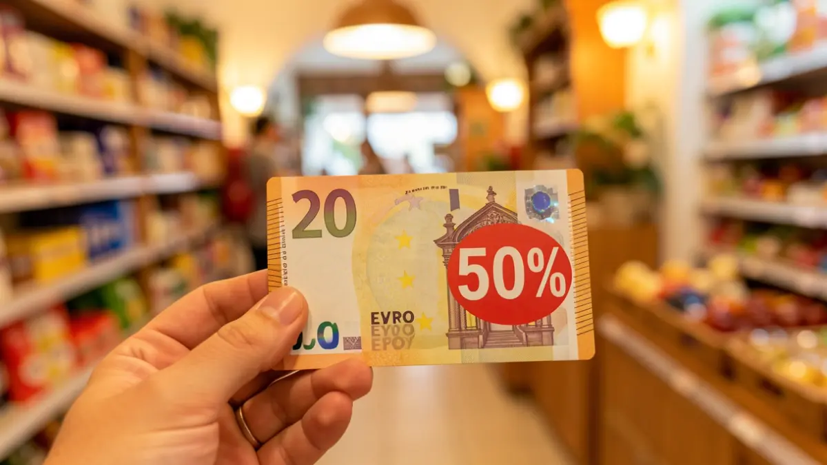 Generic image of a 50% discount voucher in a local shop.