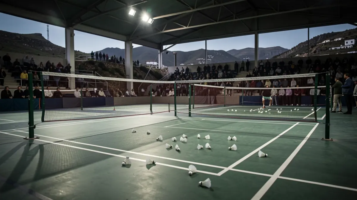 Generic image of an empty badminton court with nets and shuttlecocks on the floor.
