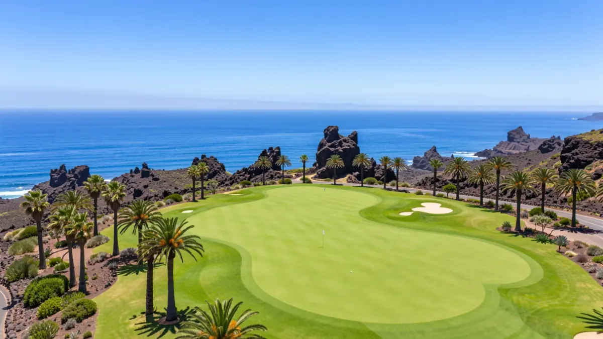 Generic image of a golf course in Lanzarote with palm trees and sea views.