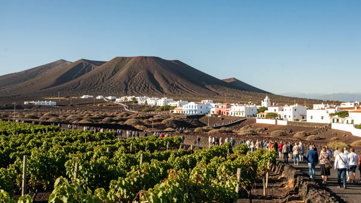 Imagen genérica de un paisaje volcánico de Lanzarote con arquitectura tradicional blanca y viñedos.