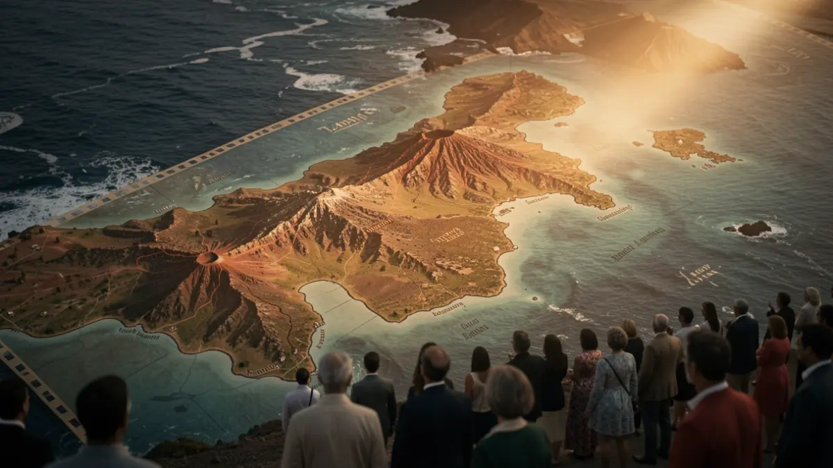 Generic image of a film reel illuminating a map of Lanzarote with volcanic textures and ocean waves.
