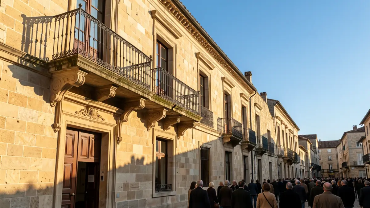Imagen genérica de la fachada de un ayuntamiento de piedra con balcón ornamentado y barandillas de hierro, luz cálida de la tarde proyectando sombras sobre las paredes de arenisca, cielo azul, estilo fotografía documental.