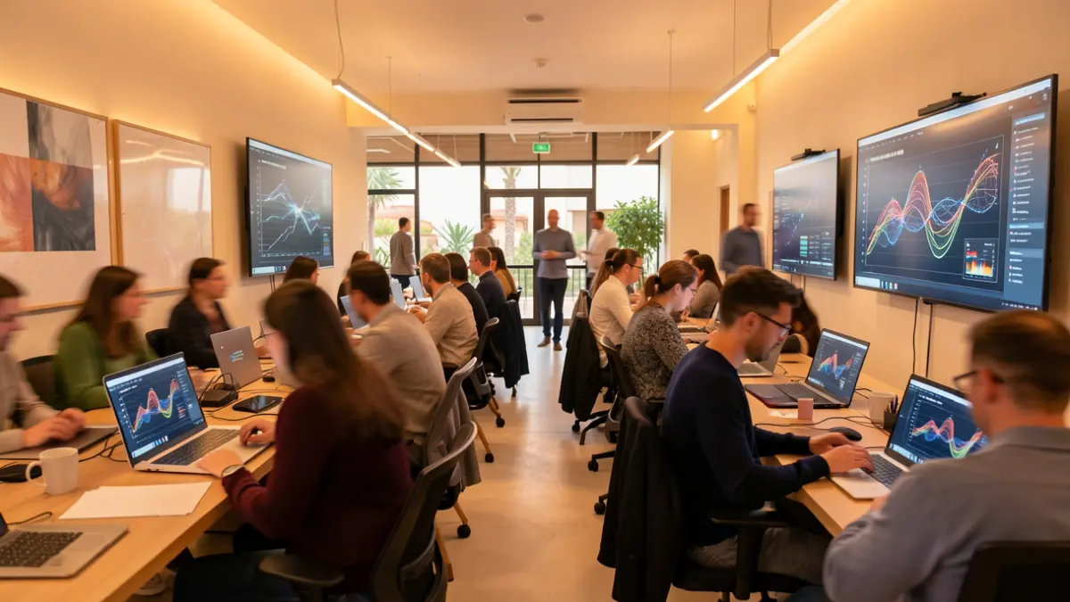 Image of a modern digital training center in Lanzarote with people using technology.