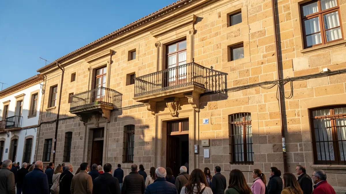 Imagen genérica de la fachada de un ayuntamiento de Canarias con balcón y barandillas de hierro, luz cálida de la tarde.