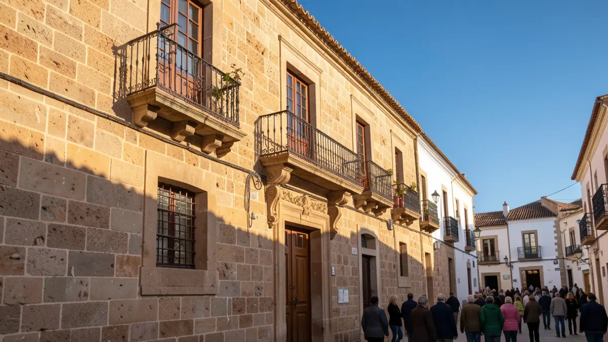 Generic image of a Canarias town hall facade with a balcony and iron railings, afternoon sunlight, blue sky.