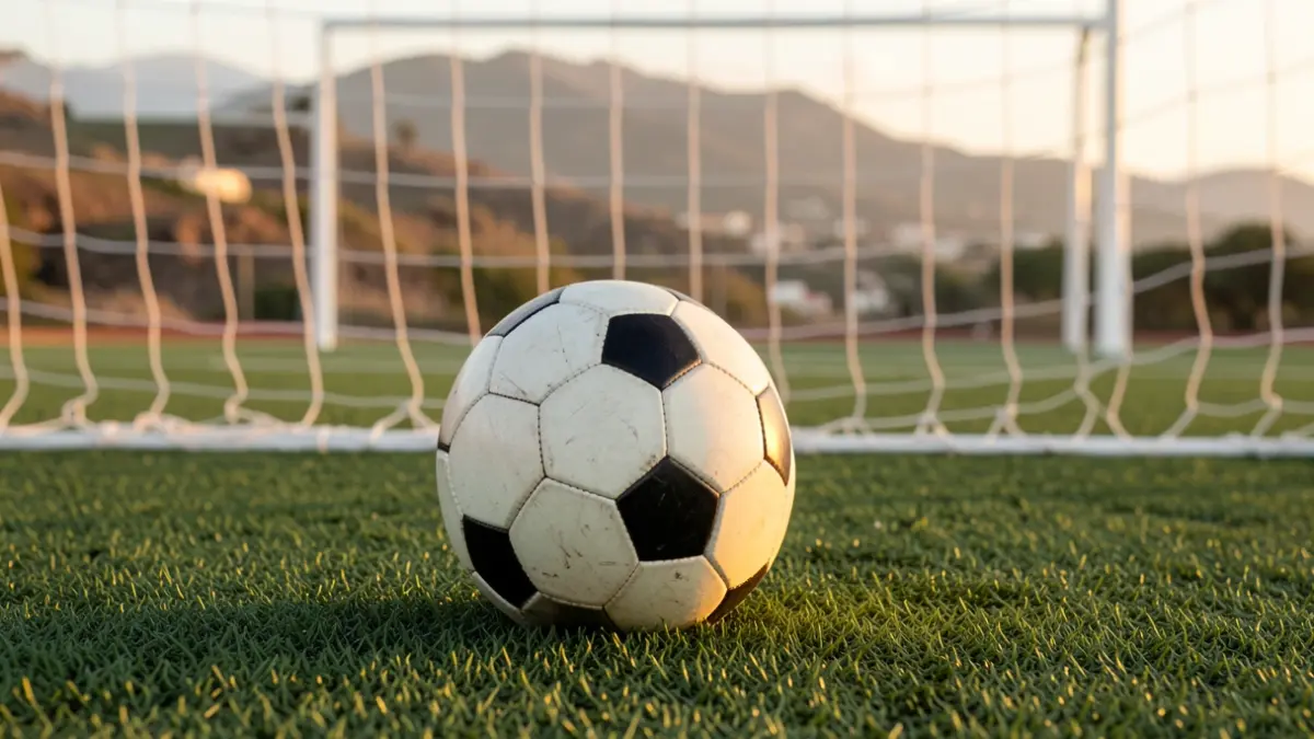 Imagen genérica de un balón de fútbol sobre césped artificial con la portería desenfocada al fondo.