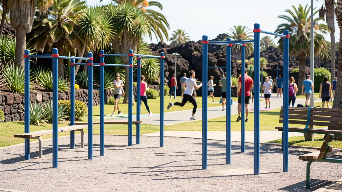 Outdoor sports facilities in a sunny park with people engaging in various physical activities.