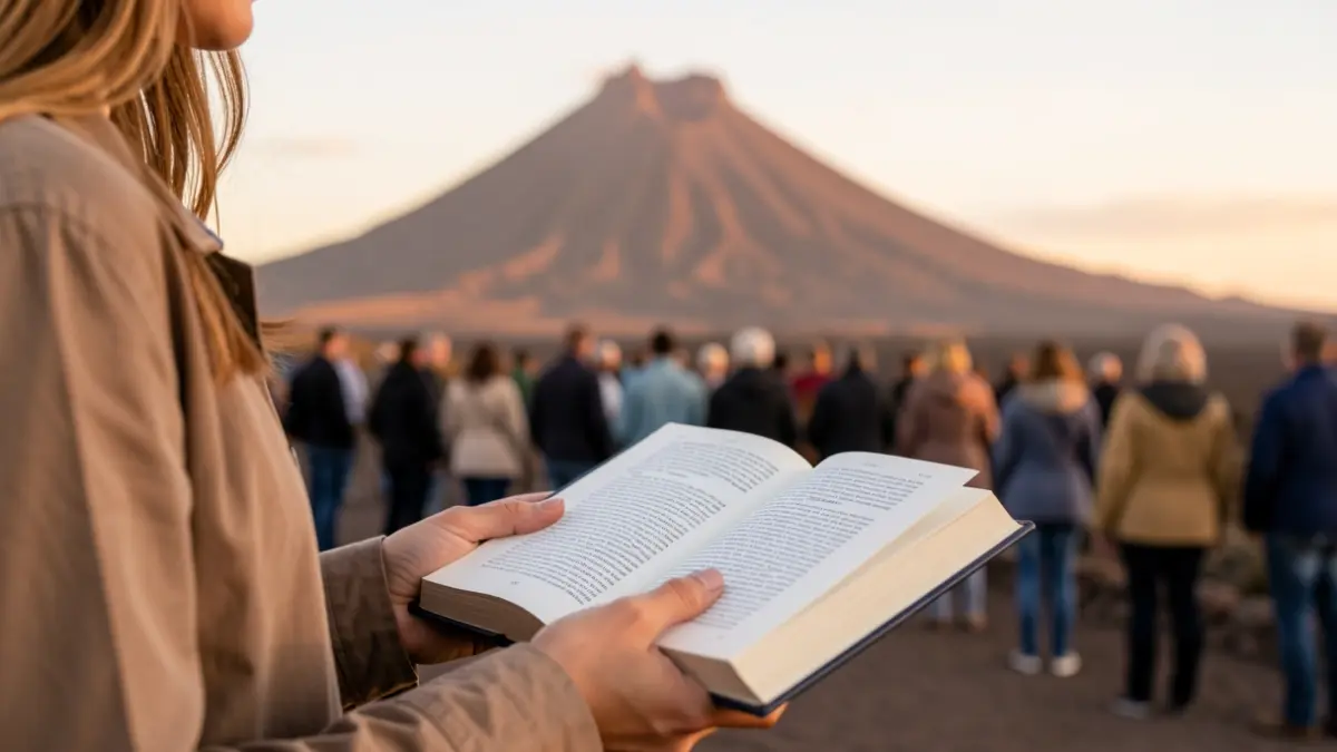 Hands holding an open book with the volcanic landscape of Fuerteventura in the background.