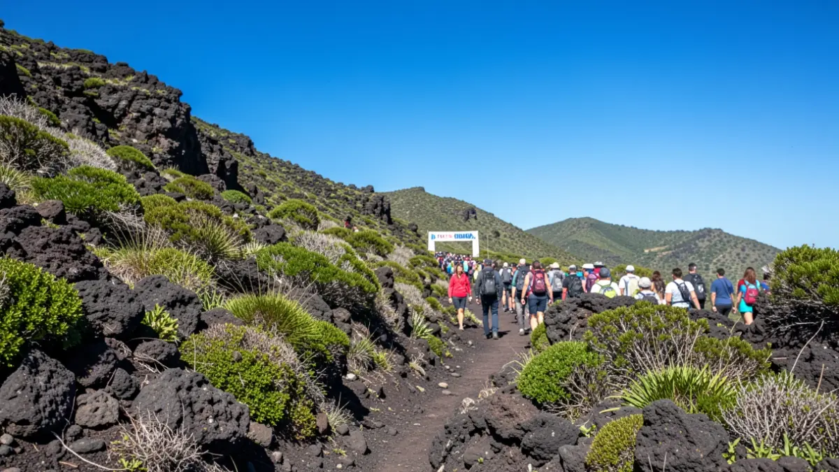 Mountain trail in Canarias with volcanic rocks and green vegetation, under a bright blue sky. A blurred finish line banner is visible in the distance.