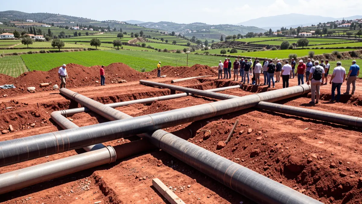 Generic image of large irrigation pipes being laid across red earth in a Canarias valley, with green fields in the background and bright sun.