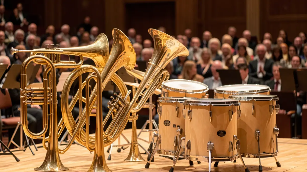 Imagen genérica de instrumentos musicales de una banda de música dispuestos en un escenario.
