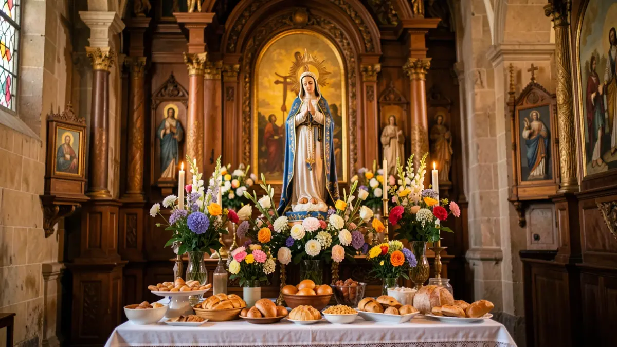 Interior of a Canarian church with a floral and food offering to the Virgin of the Rosario.