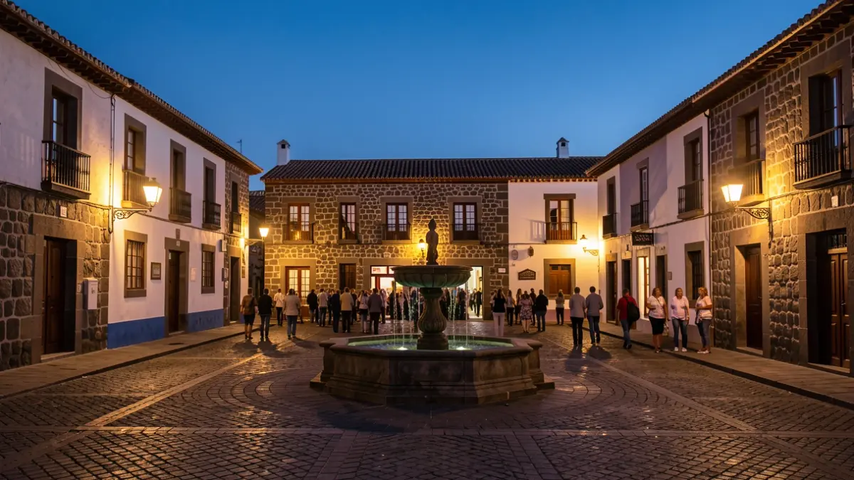 Imagen genérica de una plaza de pueblo canario al atardecer con edificios de piedra y farolas.