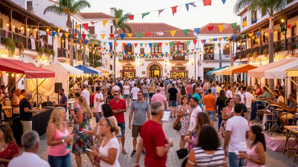 Generic image of a Canarian town square decorated for a festival, with people enjoying music and activities.