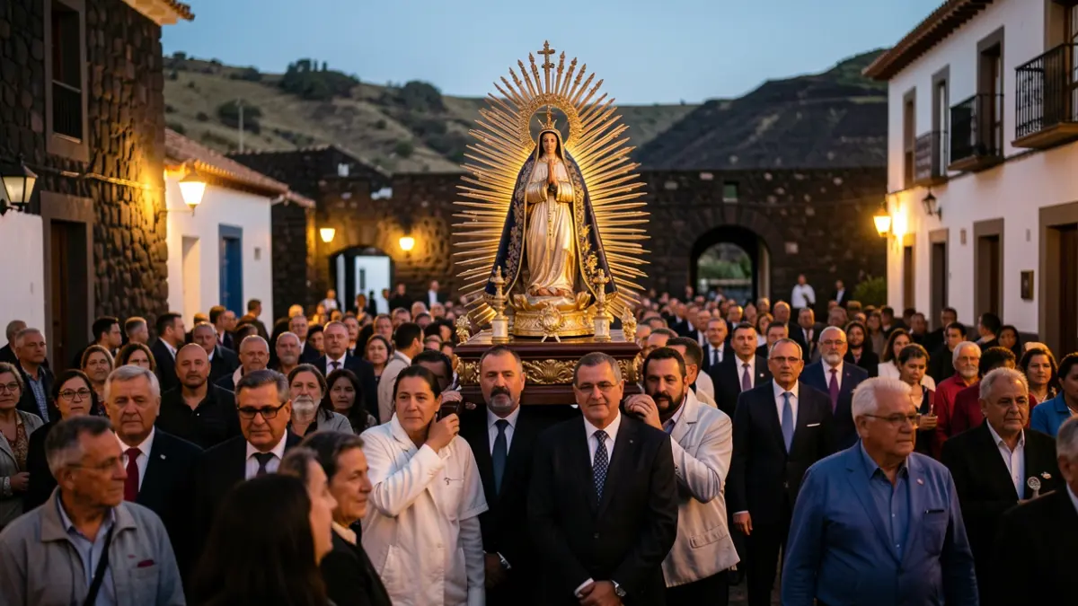 Procession of the Virgin del Rosario in El Rosario, Tenerife, with authorities and faithful.